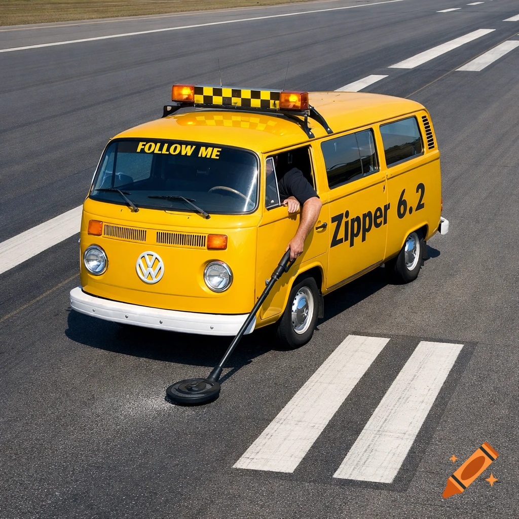 A yellow Volkswagen "FOLLOW ME" van drives on an airfield, with a person operating a metal detector out the window, photorealistic.