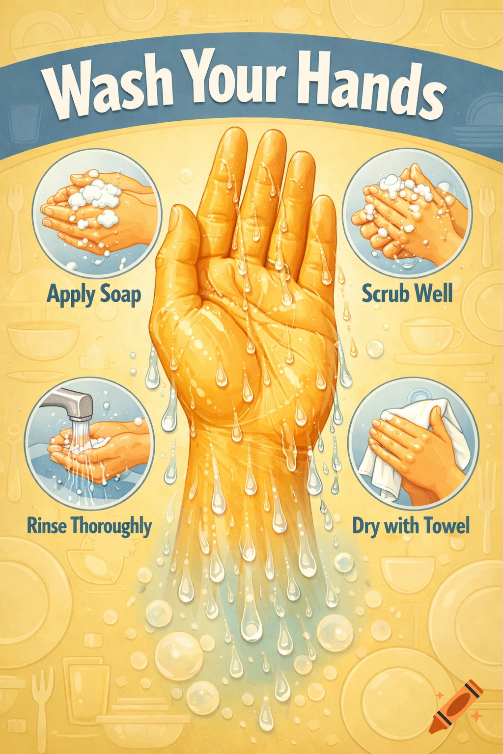 Stylized public health poster illustrating steps for washing hands with a large dripping hand and four smaller insets.