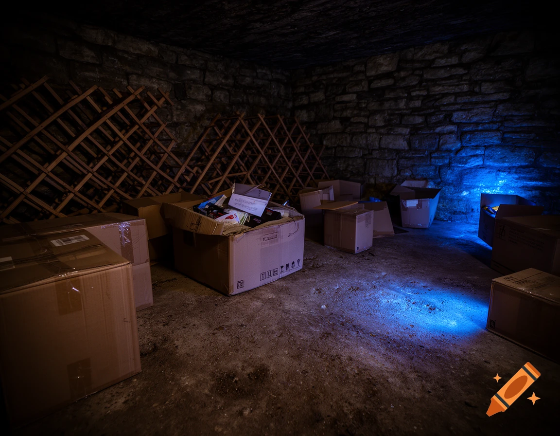 A dark, atmospheric cellar with stone walls, wooden wine racks, and numerous cardboard boxes on a dirt floor, illuminated by a blue glow in the back right corner.