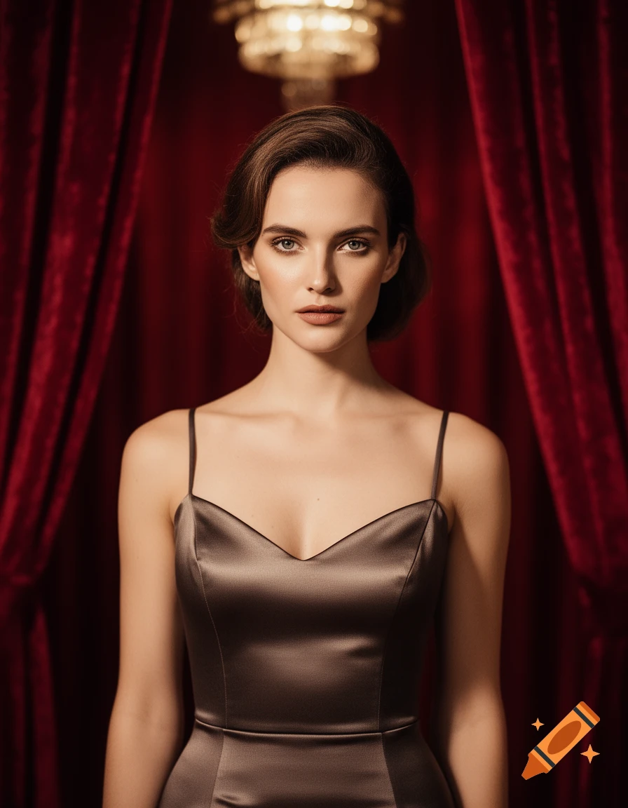A woman in a dark satin evening dress stands in front of red velvet curtains with a chandelier above.