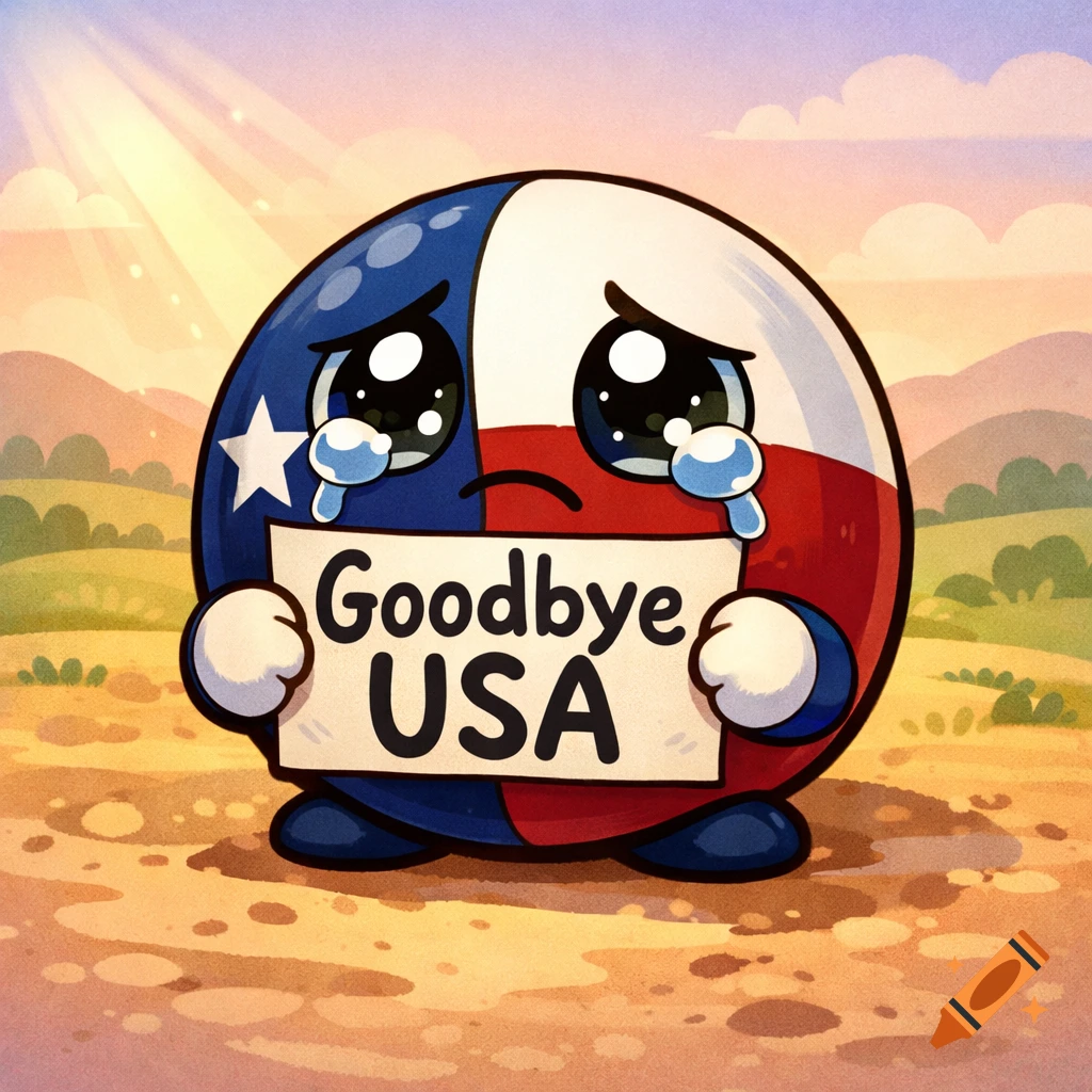 A crying Texas Countryball with a flag pattern holds a sign saying 'Goodbye USA' in a cartoon style.