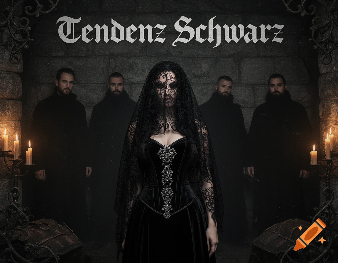 Gothic band cover with a woman in black veiled dress, four shadowy men, candles, and coffins in a dark stone chamber. Title: Tendenz Schwarz.