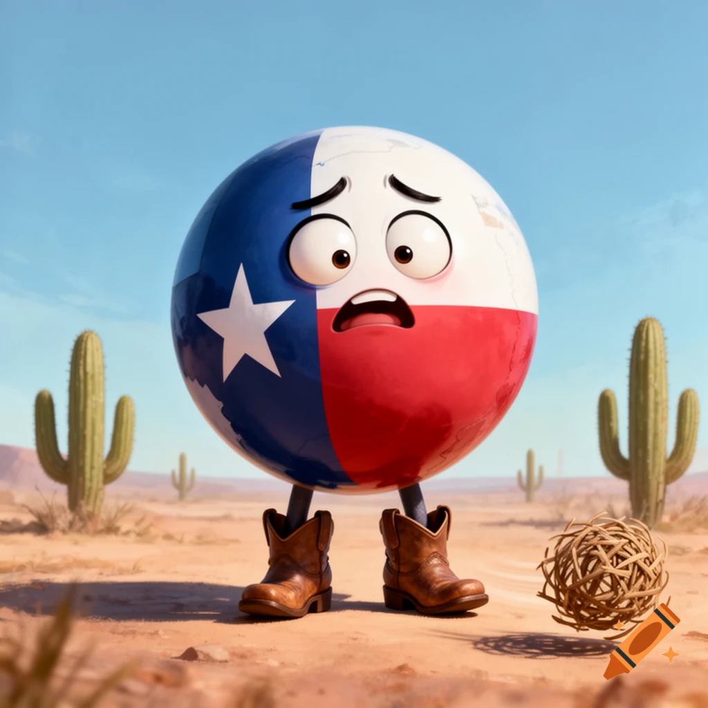 A scared, anthropomorphic Texas flag ball wearing cowboy boots stands in a desert with saguaro cacti and a tumbleweed, in a cartoon style.