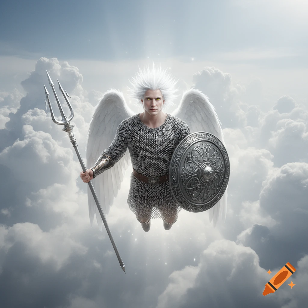A male angel with white spiky hair, wearing chainmail, holding a trident and a shield, floats among white clouds.