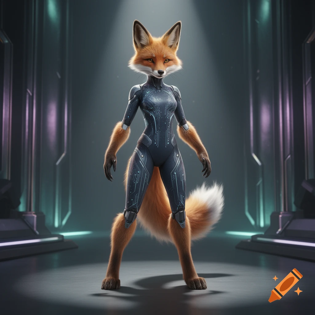 An anthropomorphic female fox action figure in a dark futuristic suit with circuit patterns stands in a sci-fi room.