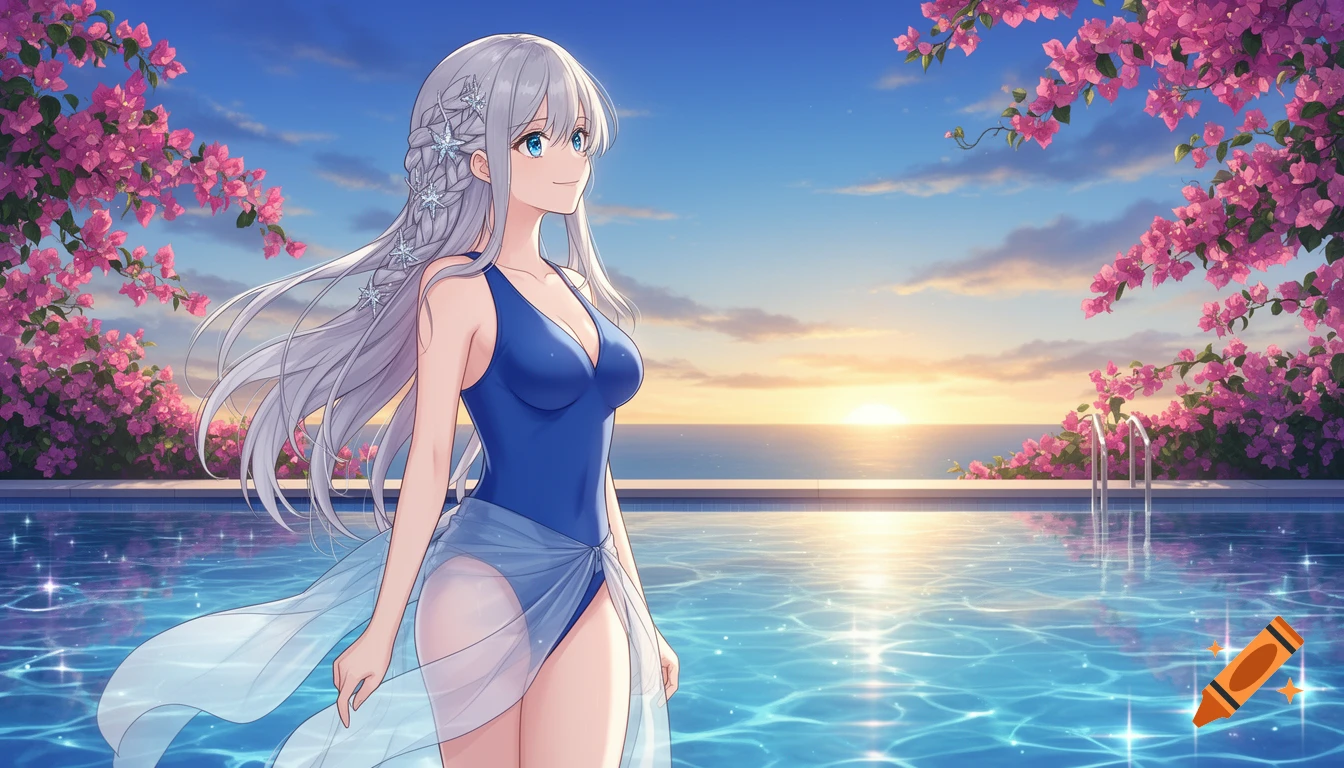 An anime girl with long silver hair and blue eyes, wearing a blue swimsuit and sheer sarong, stands by a pool at sunset with pink bougainvillea.