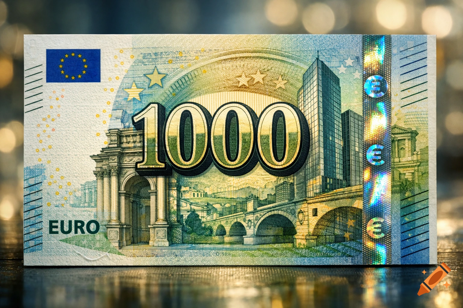 Close-up photorealistic image of a 1000 Euro banknote featuring a European flag and holographic security strip.