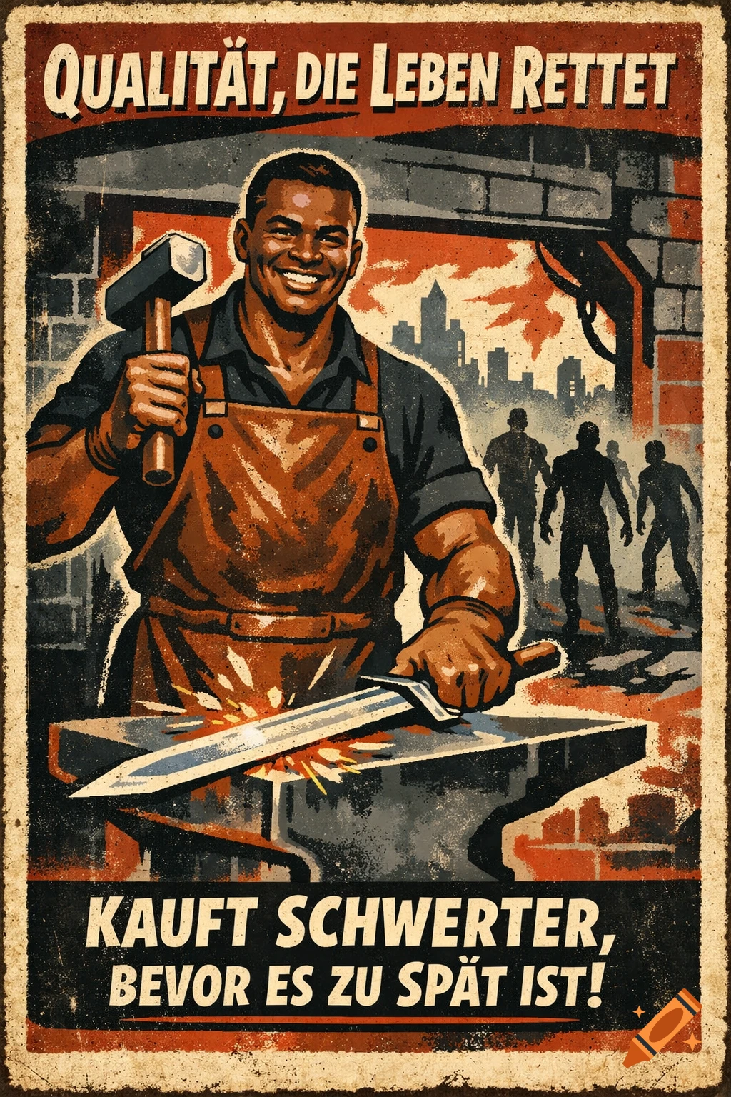 Vintage-style poster: a smiling blacksmith forges a sword, zombie silhouettes in a ruined city background. German text.