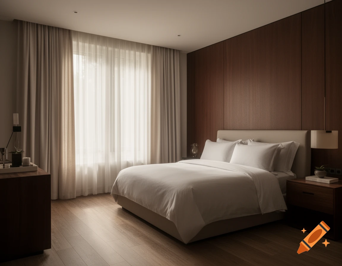 A bright, modern bedroom featuring a bed with white linen, wooden floor, and a dark wood paneled wall.