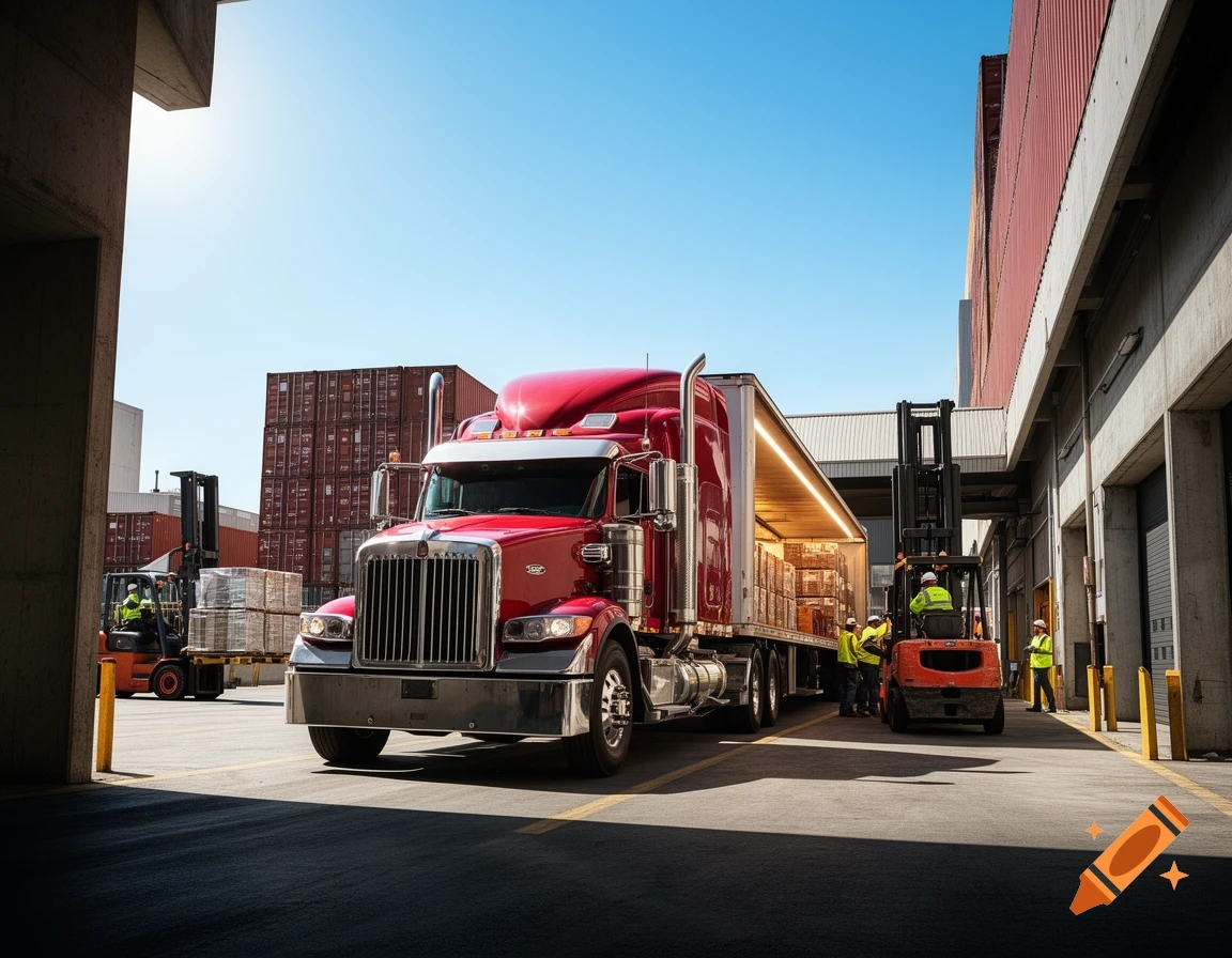 A red semi-truck is being loaded with boxes by forklifts at a busy outdoor loading dock under a clear sky.