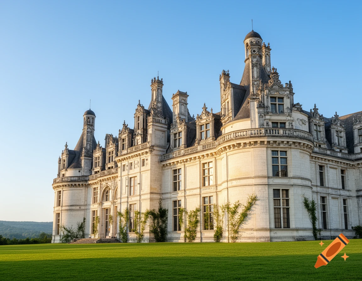 A grand, ornate white castle stands on a lush green lawn under a clear blue sky.