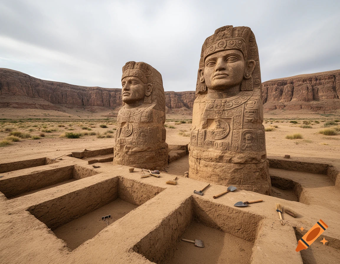 Two large ancient stone statues with intricate carvings stand in an archaeological dig site in a desert valley under a cloudy sky.
