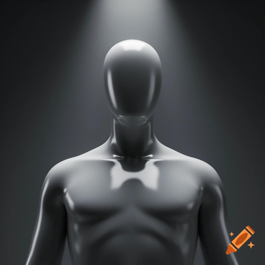 A stylized 3D render of a featureless human figure with smooth, reflective gray-white skin under a dramatic overhead spotlight.