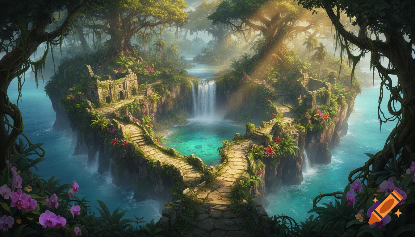 An enchanting jungle island with ancient stone ruins, lush foliage, waterfalls, and turquoise pools, bathed in sunlight.