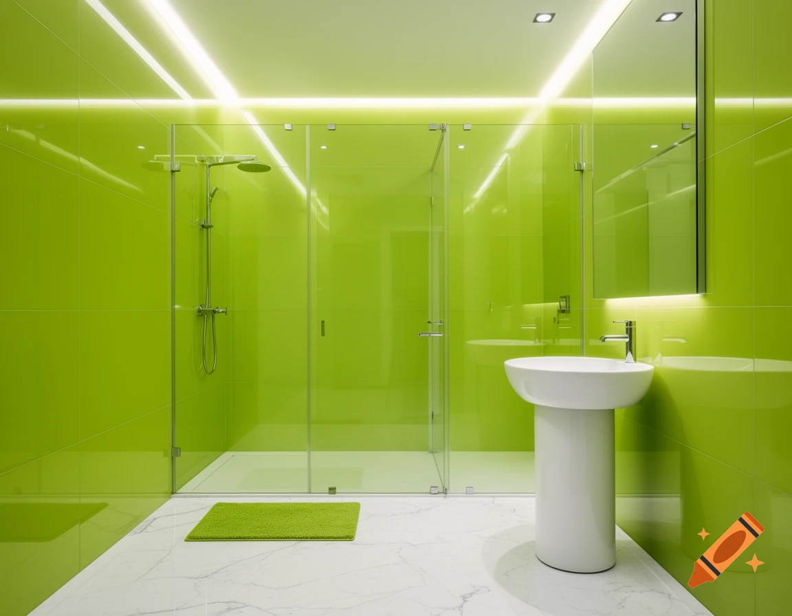 A modern bathroom with bright lime green walls, white marble floor, a white pedestal sink, and glass shower.