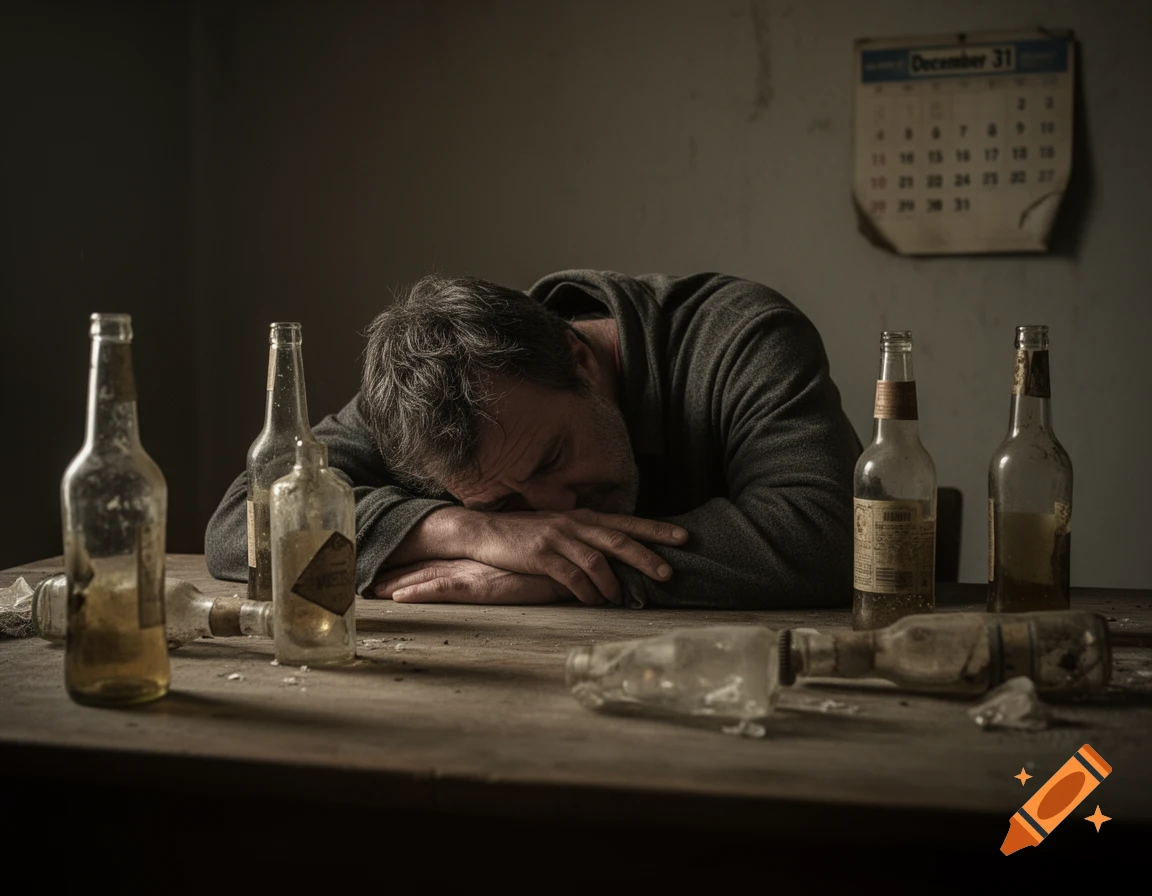 A man with his head down on a wooden table, surrounded by several empty and partially empty glass alcohol bottles in a dimly lit room, with a calendar on the wall.