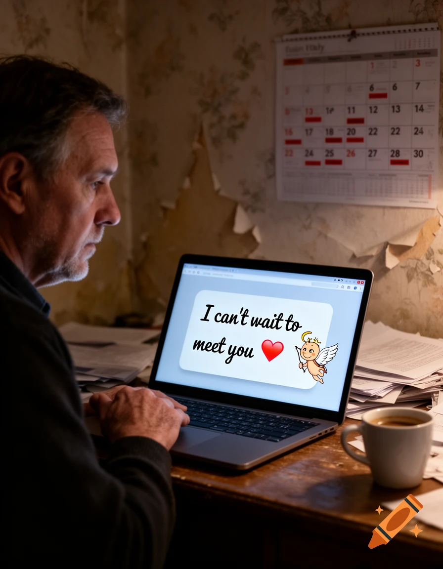A man looks at a laptop displaying "I can't wait to meet you" with a heart and Cupid icon in a dimly lit room.