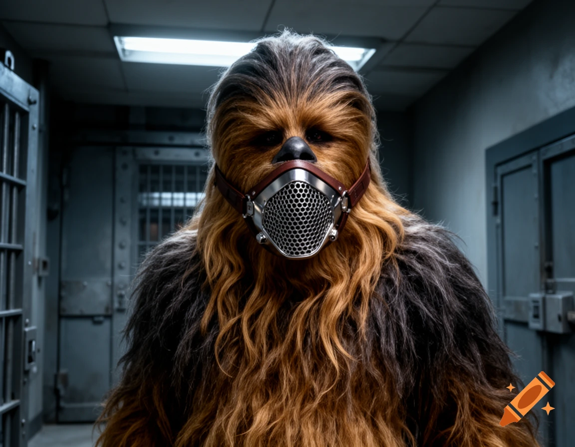 A photorealistic close-up of Chewbacca from Star Wars, wearing a metal muzzle mask in a dimly lit, industrial setting.