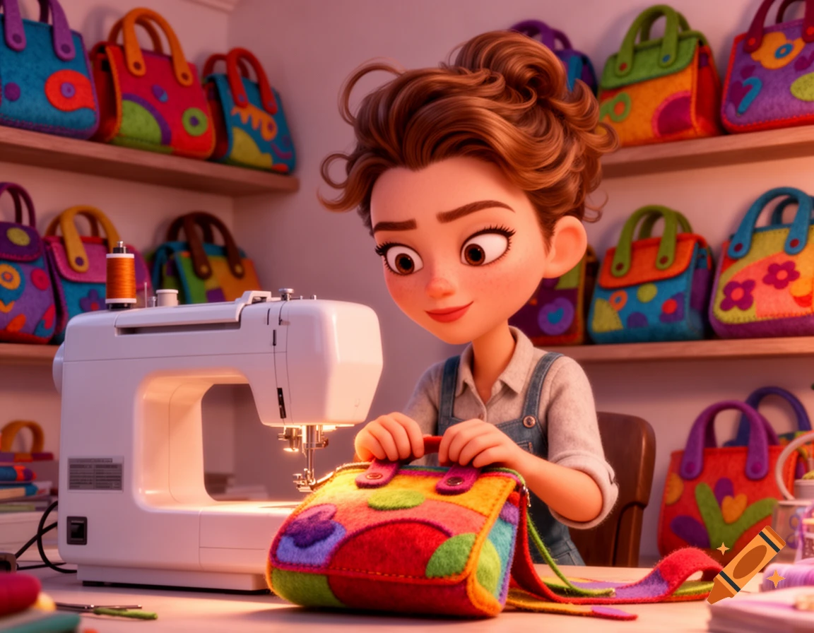 A cartoon woman with a bun smiles while sewing a colorful patchwork felt bag on a sewing machine, surrounded by many similar bags on shelves.
