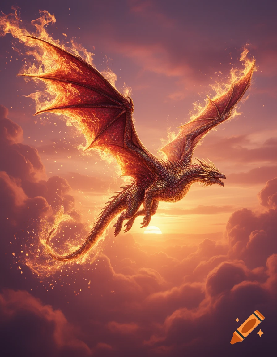 A majestic fiery dragon with large, glowing wings soars through a ...