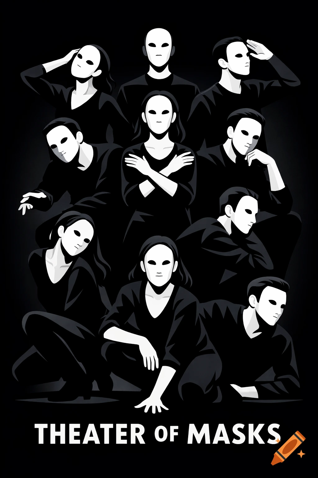 Vector art of a group of people in blank white theater masks and black clothing striking dramatic poses on a dark background, with 'THEATER OF MASKS' text.