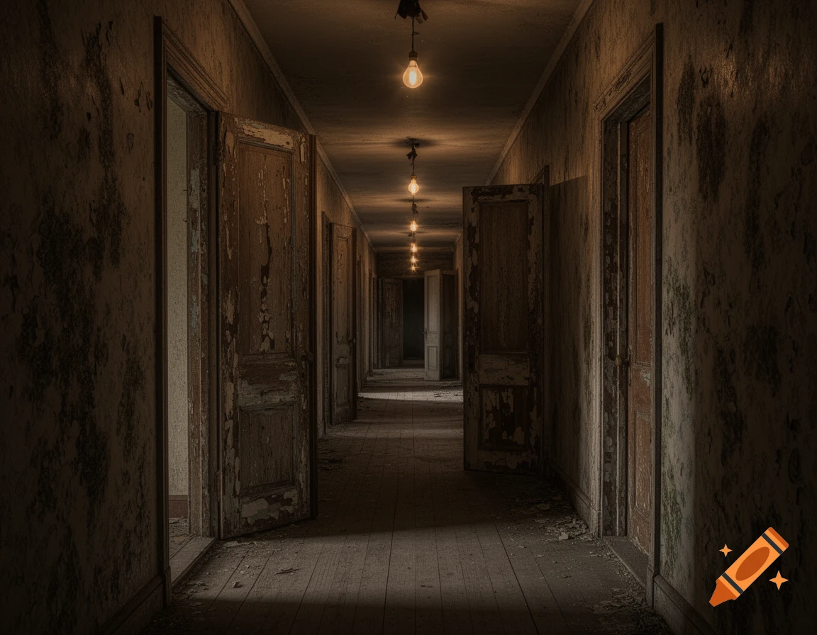 A dimly lit, decaying hallway with open doors and peeling paint in an abandoned building, illuminated by a row of bare lightbulbs.