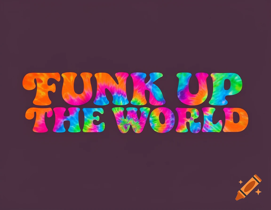 Text 'FUNK UP THE WORLD' in tie-dye, psychedelic, 70s-inspired font on a solid dark background.