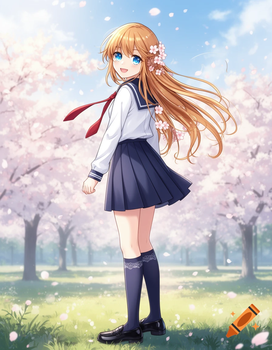 An anime girl in a school uniform stands smiling under cherry blossom trees.
