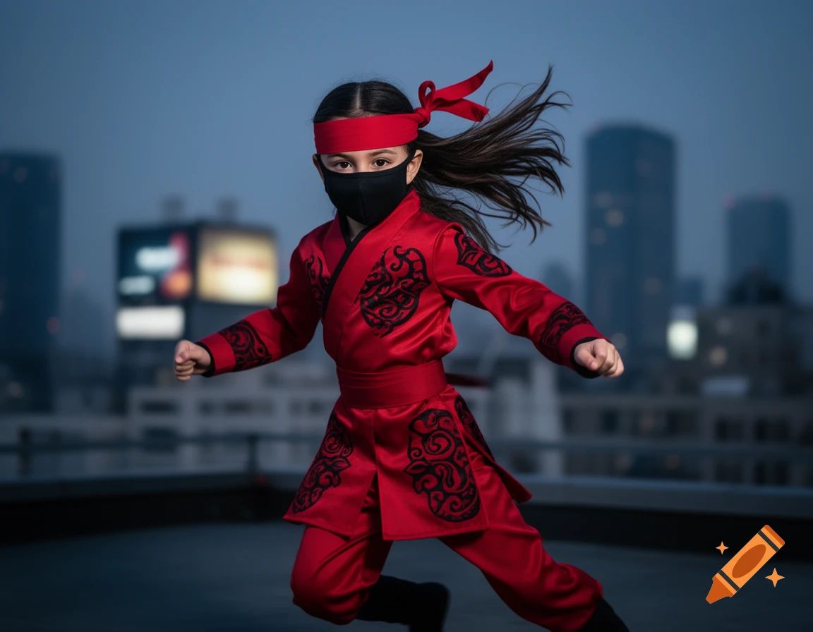A young girl in a red ninja costume with black mask and red headband poses on a city rooftop at dusk.