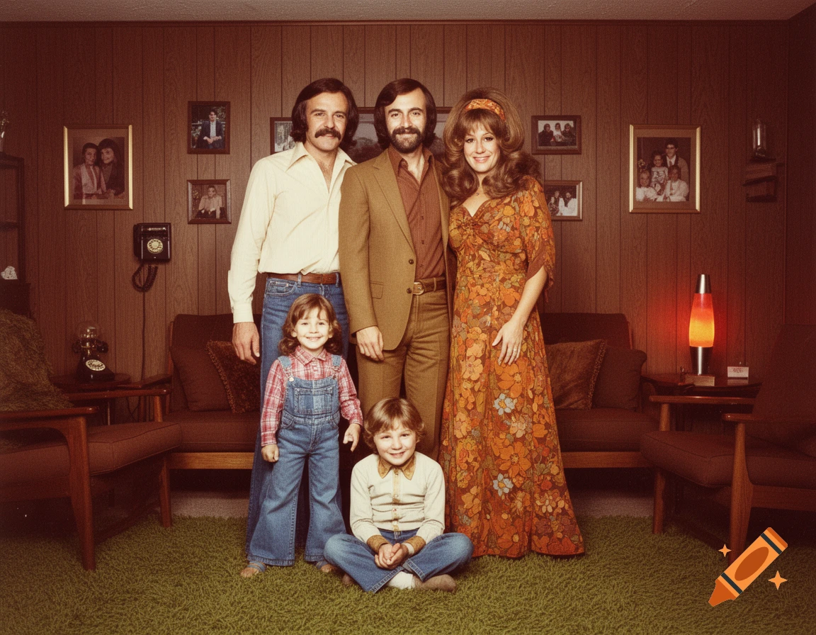 A family of two adults and two children pose for a portrait in a 1970s living room with wood paneling and shag carpet.