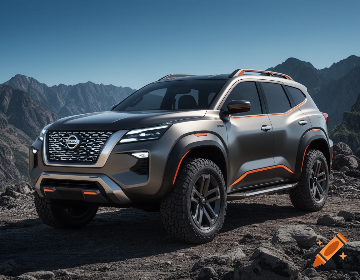 A dark grey Nissan SUV with orange accents and large off-road tires parked on rocky terrain with mountains in the background.