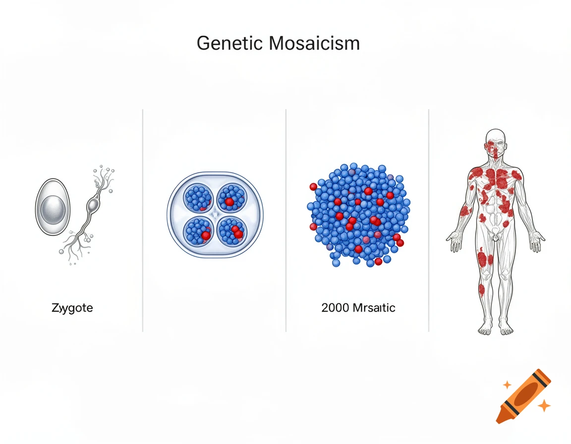 A four-panel diagram illustrating genetic mosaicism, showing a zygote, four-cell division with one red cell, a cluster of many blue and some red cells, and a human outline with red patches.