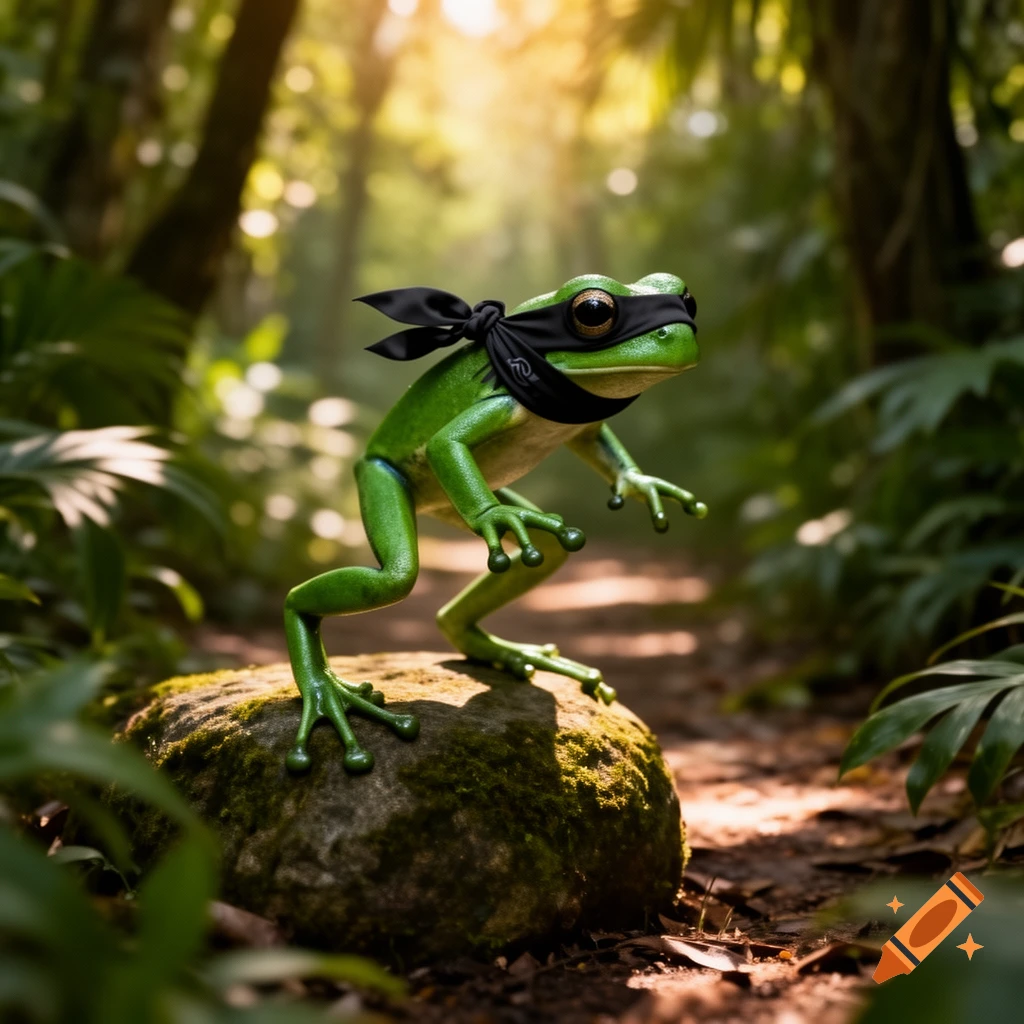 A realistic green frog wearing a black ninja mask with a symbol on it, standing on a mossy rock in a sunlit jungle path.