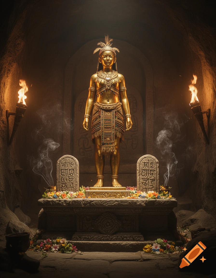 Shimmering golden statue of a woman in tribal attire on a stone altar in a torch-lit cave, with flowers and smoking incense.