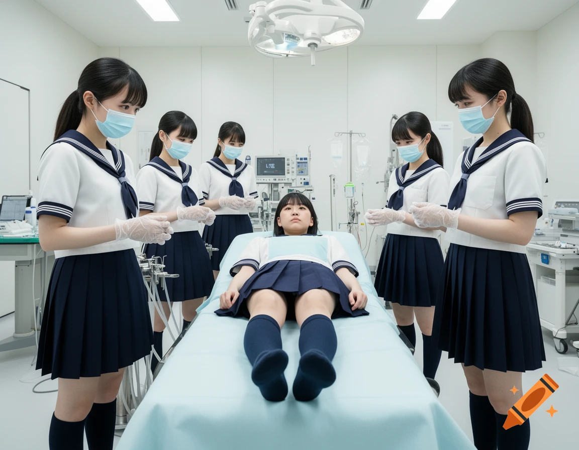 Female Japanese students in sailor uniforms with masks and gloves surround a patient on an operating table in a hospital.