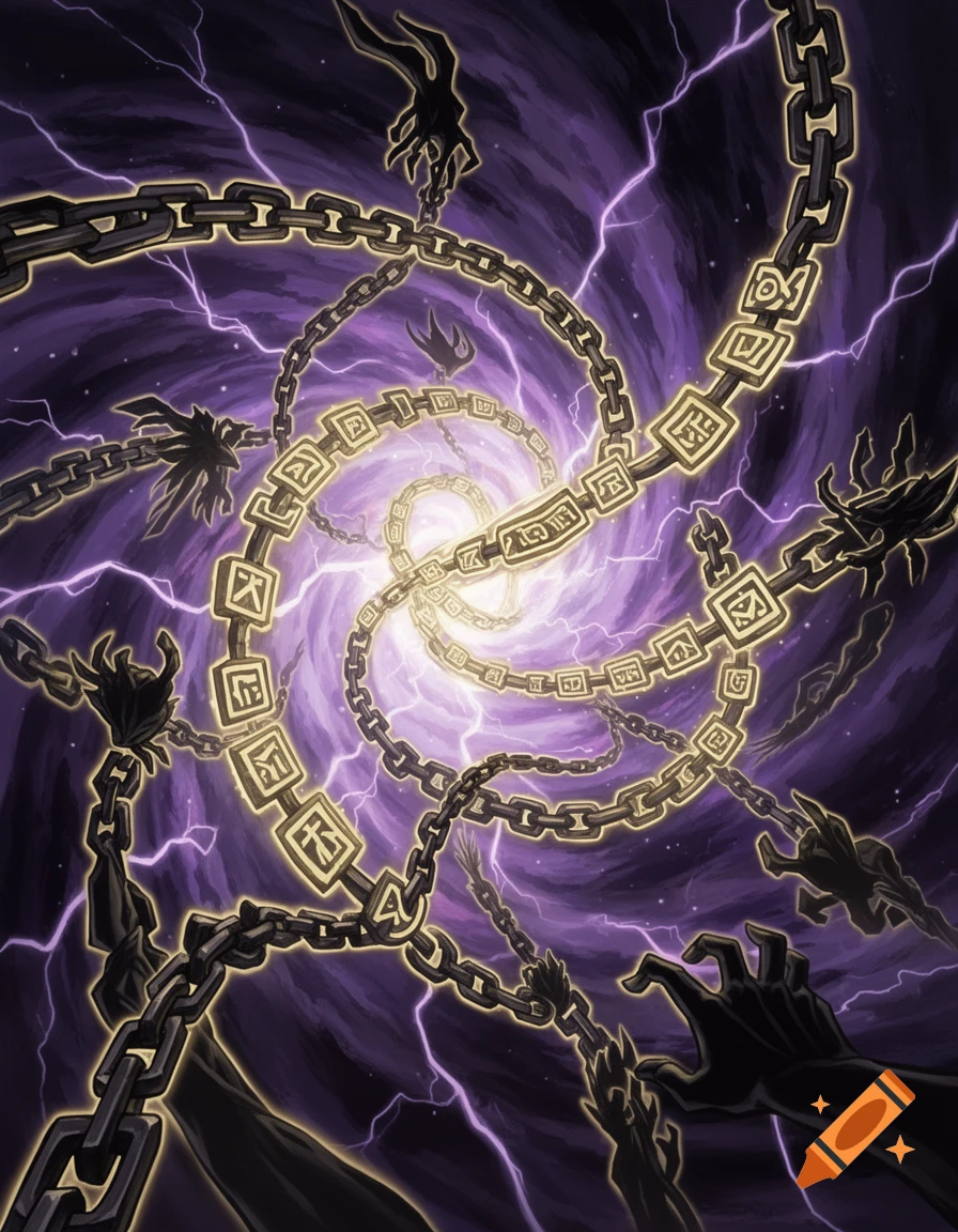 Dark fantasy art with black chains swirling into a purple vortex, with ...