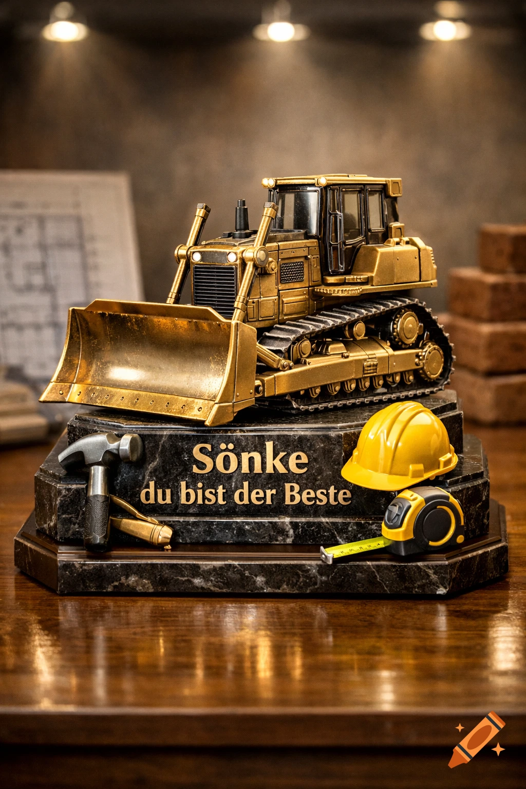 Photorealistic image of a golden bulldozer trophy with construction tools on a marble base, engraved with "Sönke du bist der Beste".