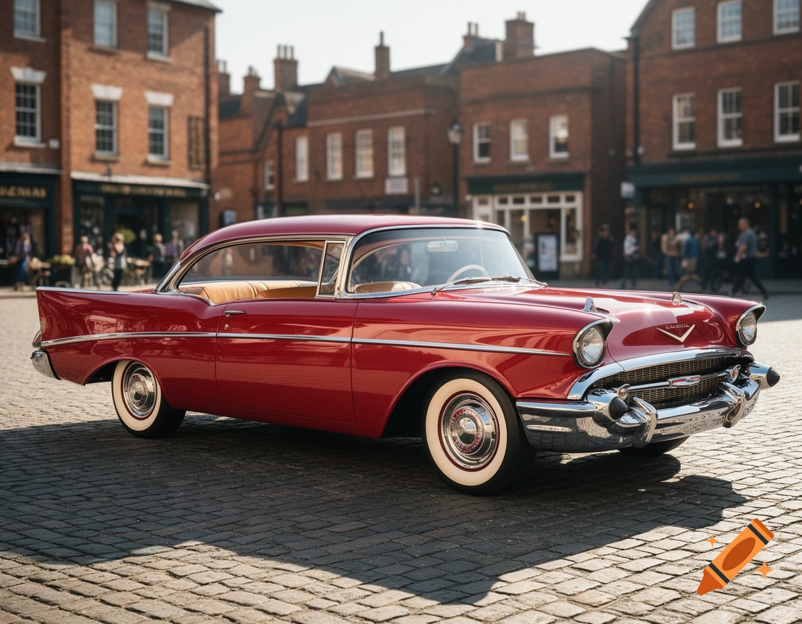 A shiny red vintage car with white wall tires parked on a cobblestone street in a town square with brick buildings.