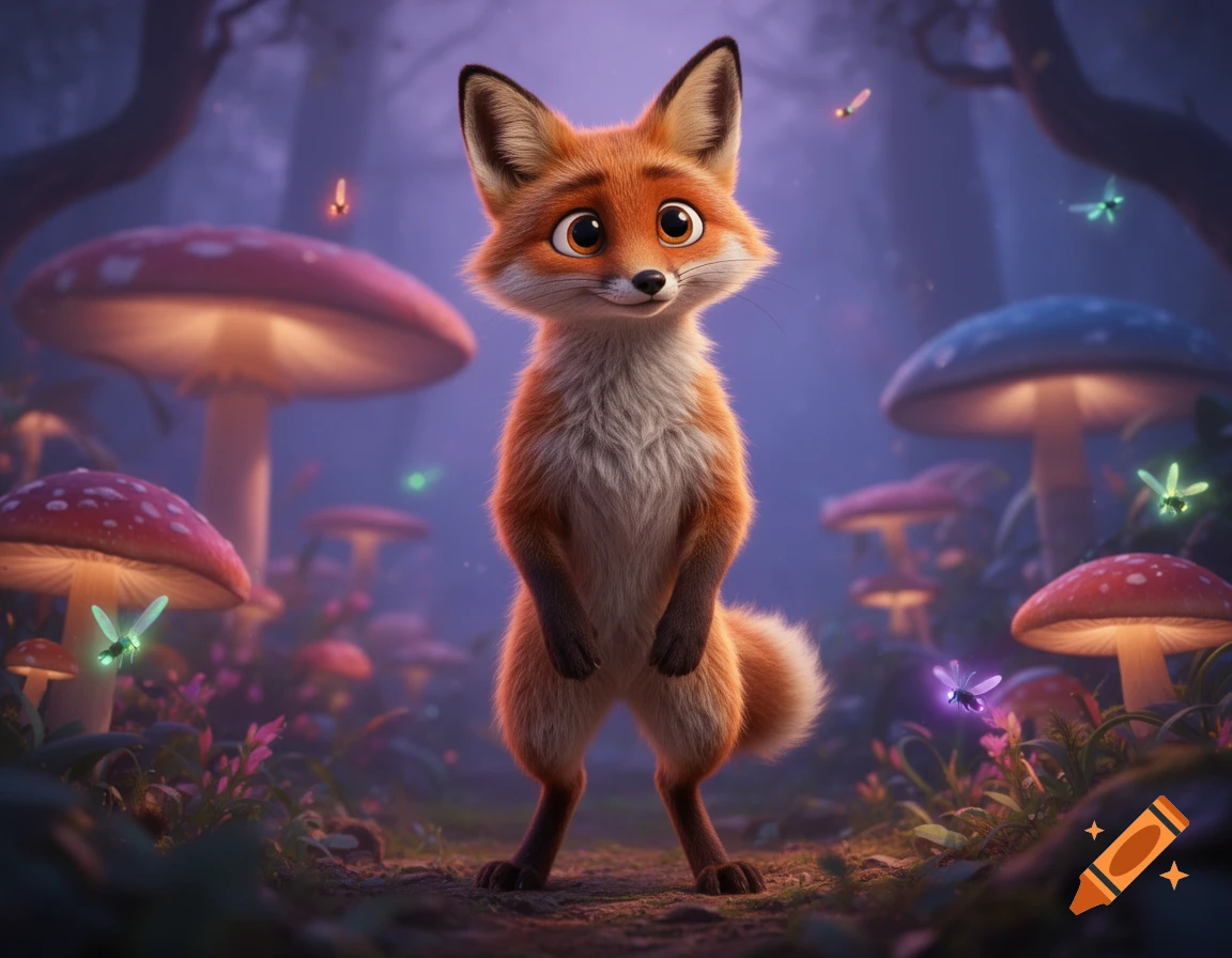 An animated red fox stands on its hind legs in a magical forest with glowing mushrooms and fireflies, against a purple-blue background.