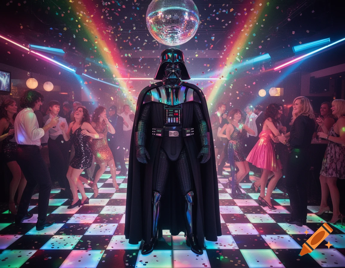 Darth Vader stands in a vibrant disco club with a disco ball, rainbow lights, confetti, and dancing people.