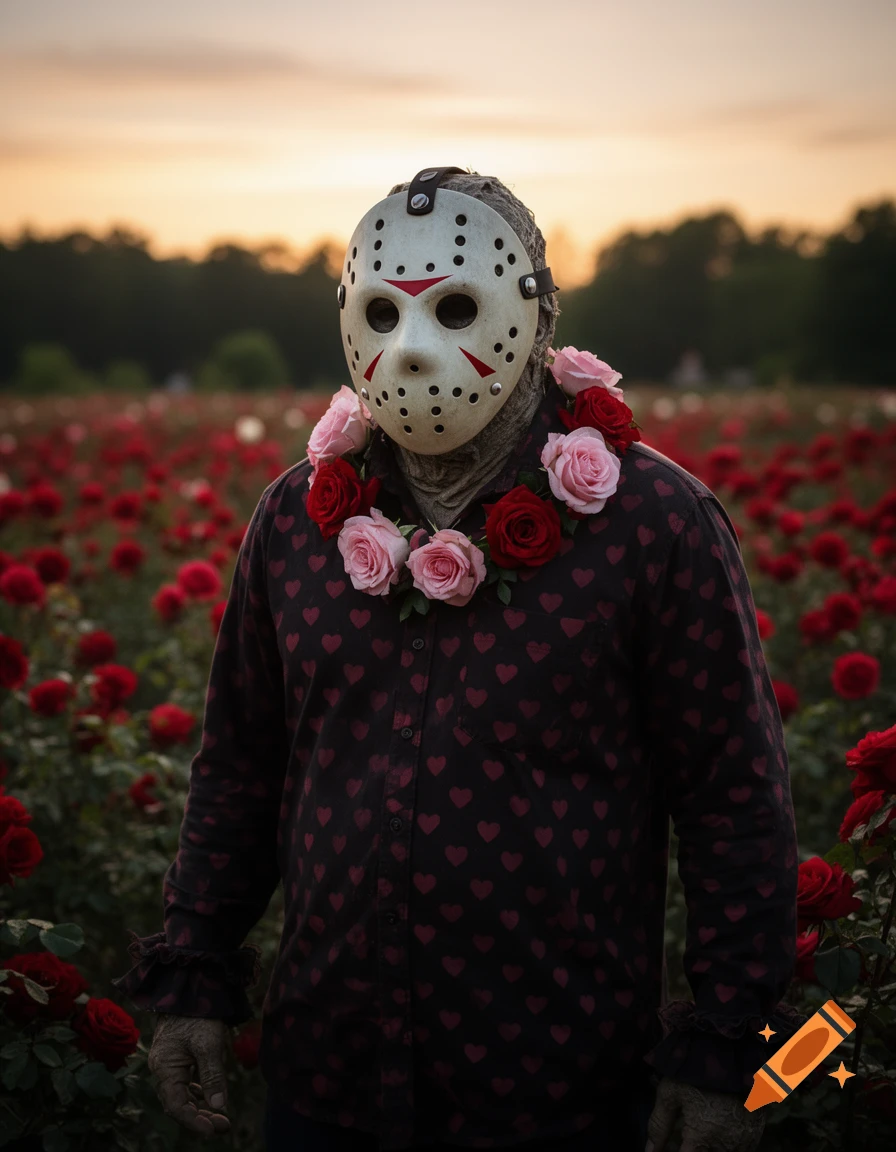 Jason Voorhees in a hockey mask, wearing a heart-patterned shirt and rose lei, stands in a field of red roses at sunset.