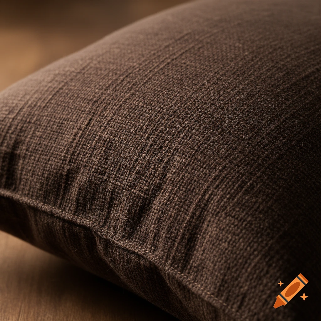 Close-up of a dark brown textured pillow with visible stitching.