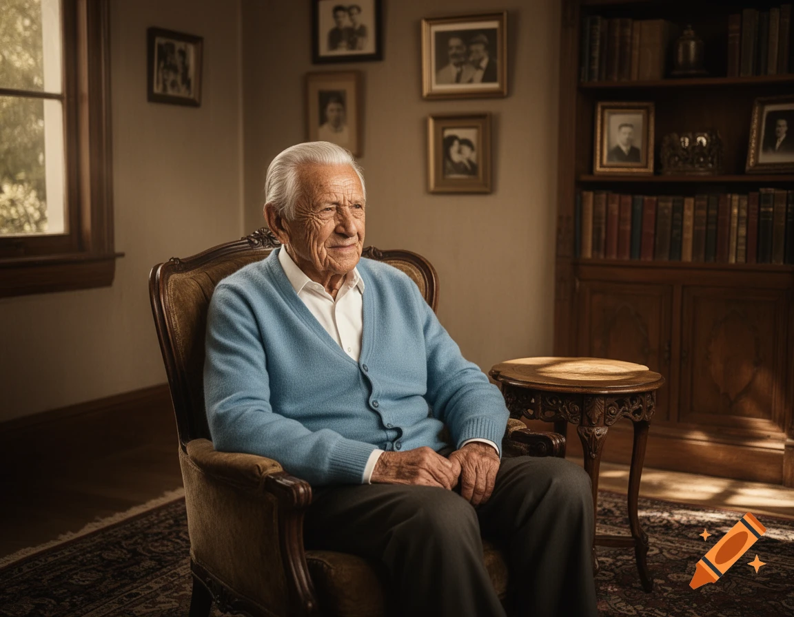 An elderly man with white hair sits in an ornate armchair in a cozy room with a window and a bookshelf.