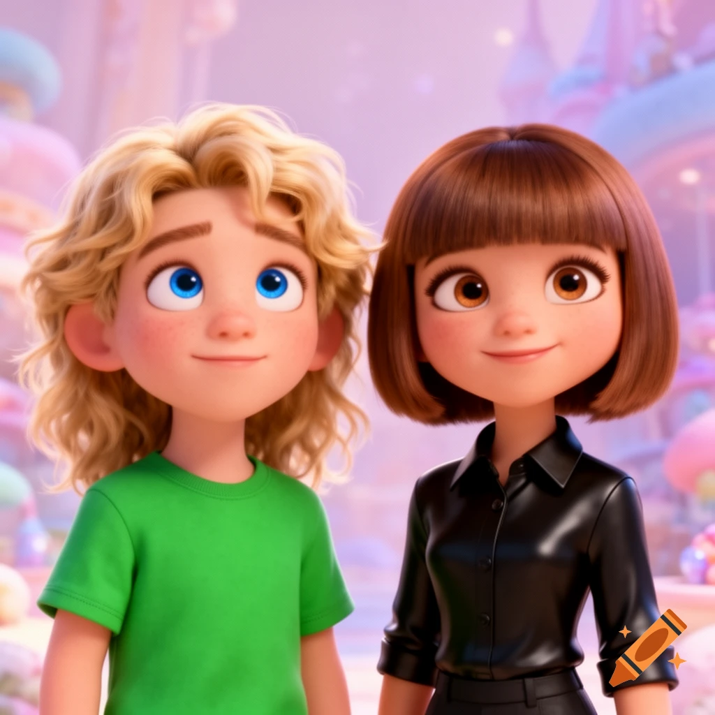 A Pixar-style animated boy with blonde curly hair and a green shirt, next to a girl with a brown bob and a black shirt, against a whimsical background.