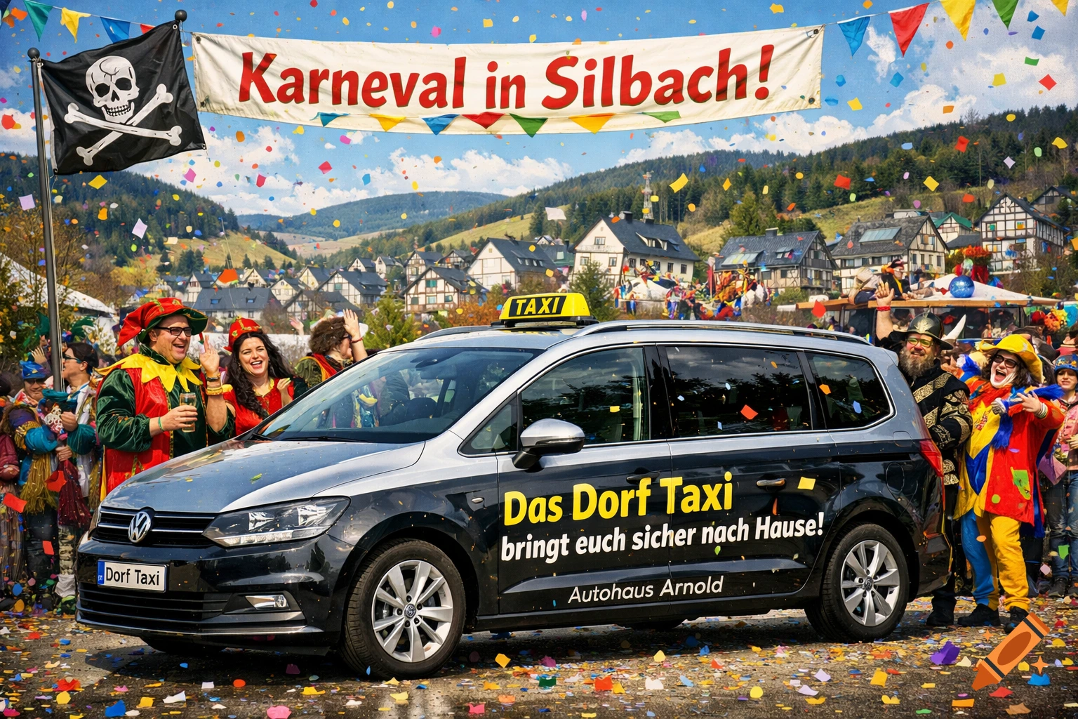 A photorealistic image of a black and silver taxi amidst people in colorful carnival costumes in a village setting, with confetti falling and a banner reading "Karneval in Silbach!"
