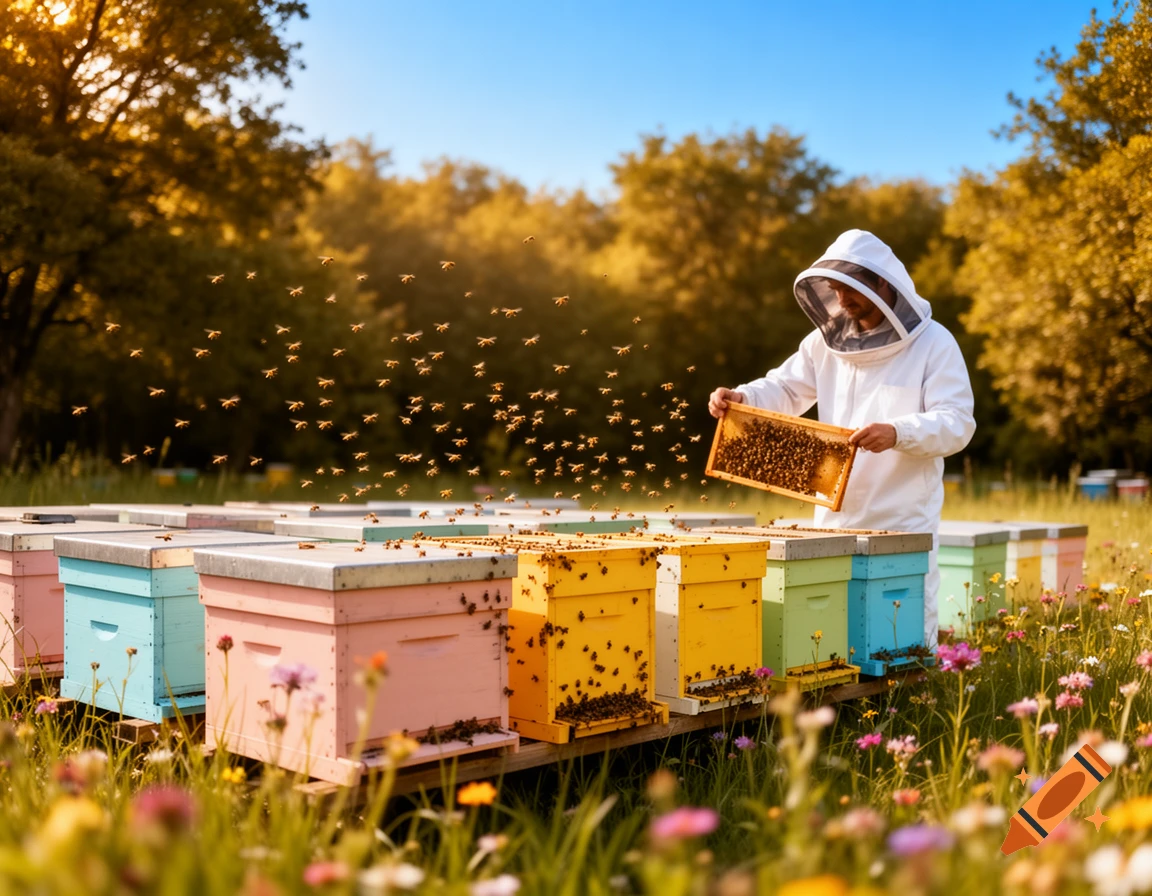 A beekeeper in a white suit inspects a honeycomb frame amidst colorful beehives and flying bees in a sunny field with wildflowers.
