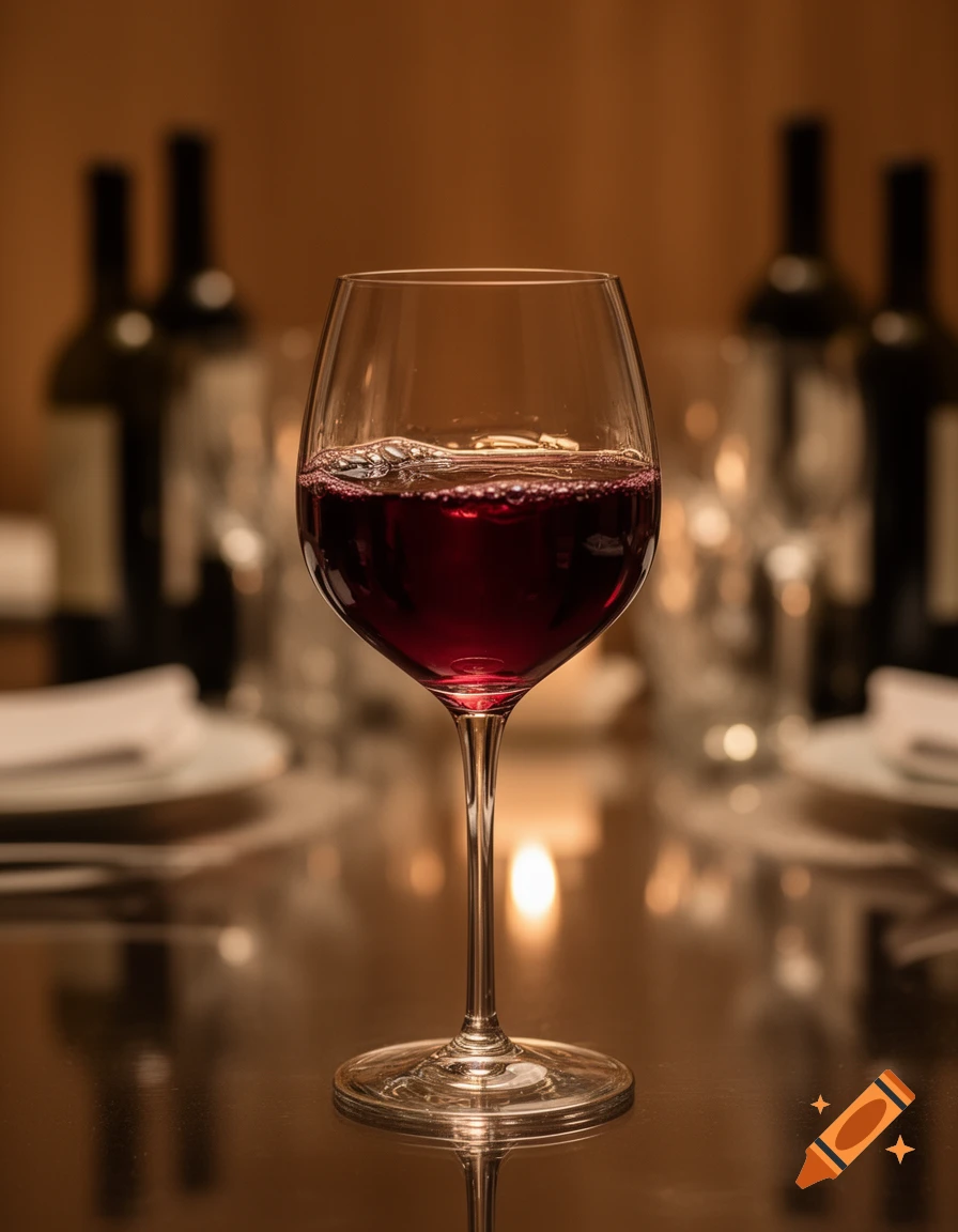 A glass of red wine on a table with blurred wine bottles and place settings in the background, lit with warm light.