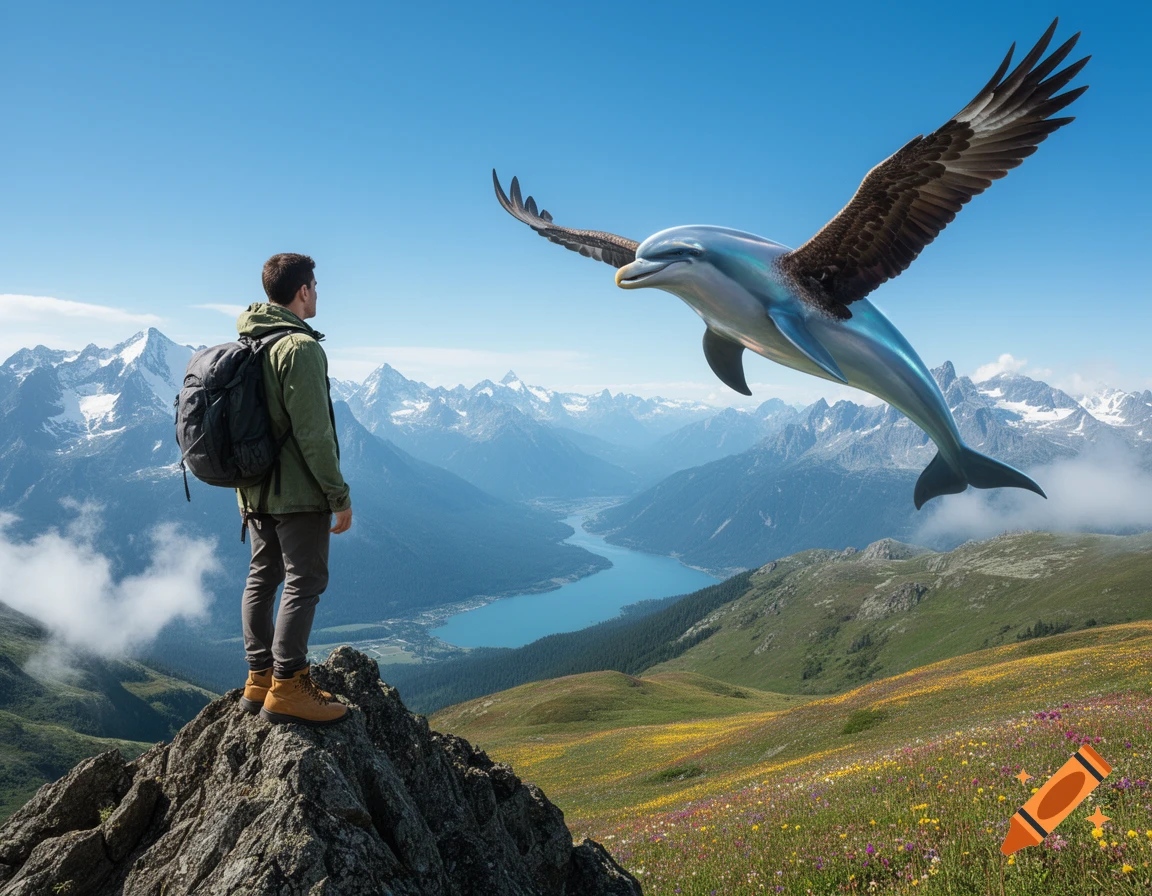 A hiker stands on a mountain peak looking at a dolphin with eagle wings flying over a vast mountain range with a lake and flowery meadows.