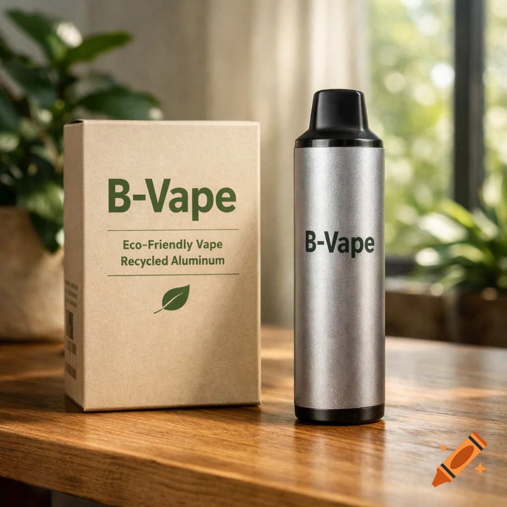 A silver B-Vape pen next to a cardboard box for B-Vape, an eco-friendly vape made of recycled aluminum, on a wooden table.