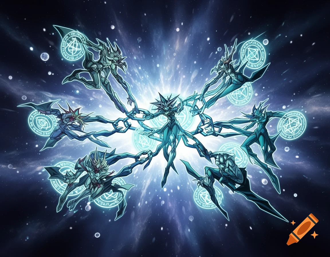 Anime-style figures with chains and glowing runes float in a cosmic ...